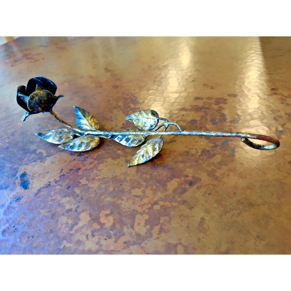 Vintage Tole Rose Candle Snuffer Gold Metal Flower Long Handle 9.5 in Antique